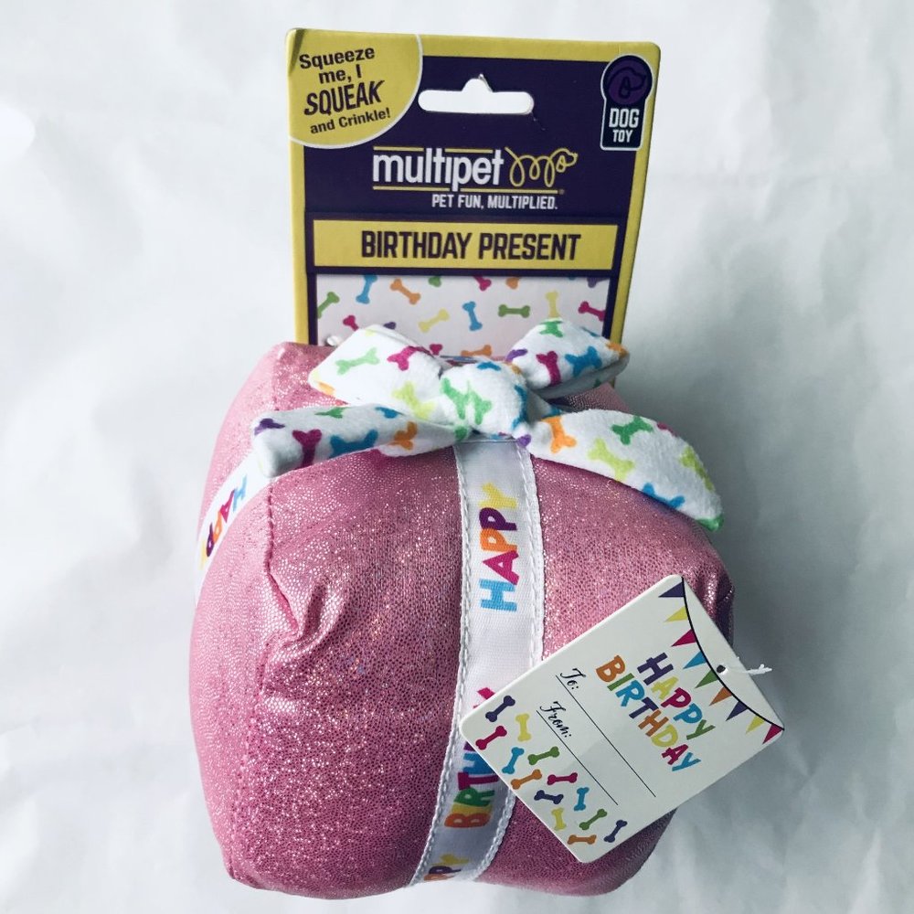 Multipet Birthday Present  Dog  Toy Plush Squeaker Crinkle   4" x 3.5"